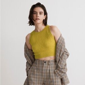 Airy chartreuse cotton knit crewneck cropped sweater tank with crocheted trim.